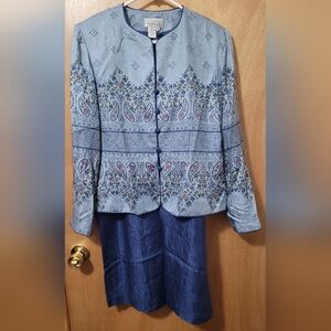 Adrianna Papell Blue Floral Paisley Beaded Silk Jacket and Skirt Size 12